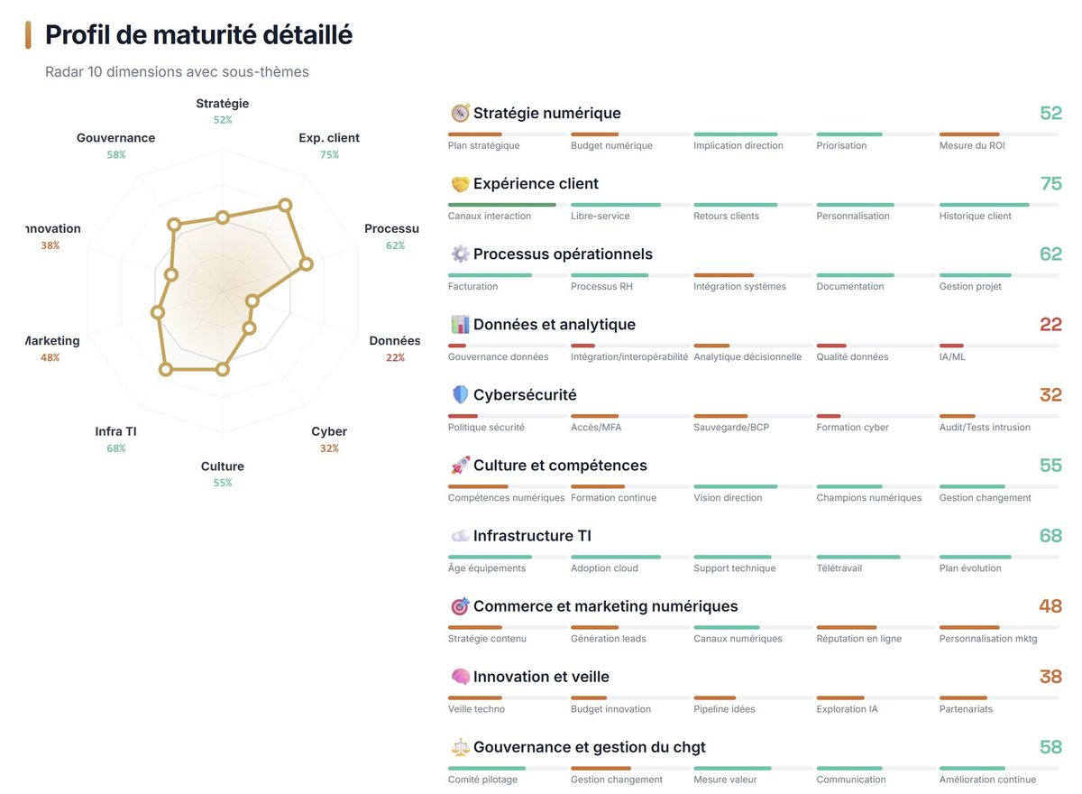 Aperçu du Rapport Express Nexus : radar de maturité sur 10 dimensions avec benchmark sectoriel